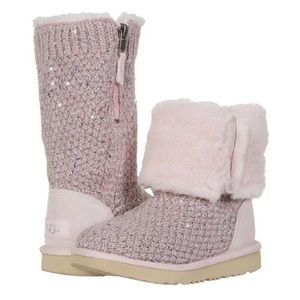 Ugg boots women pink sweater knit sequin boots worn once. Like new. Size 6